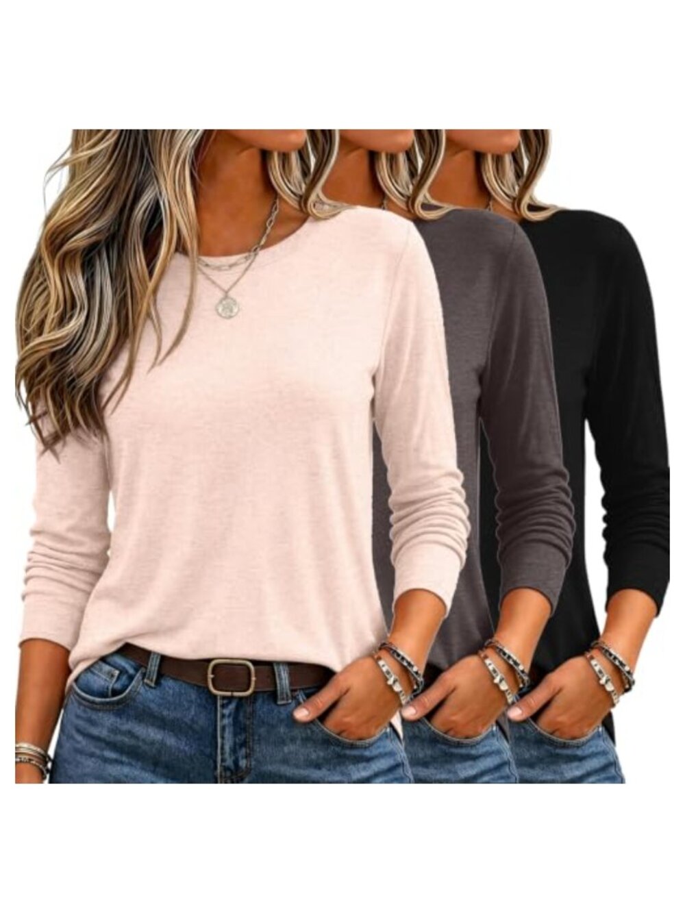 Zeagoo Women's 3 Pack Long Sleeve Crewneck Tunic Tops Loose Fit Basic Tees